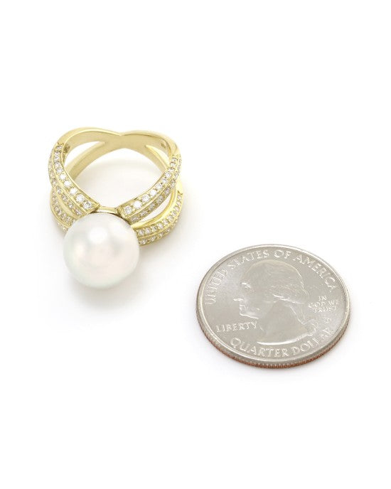 White South Sea Pearl Ring w/ Pave Diamonds in 18K Yellow Gold