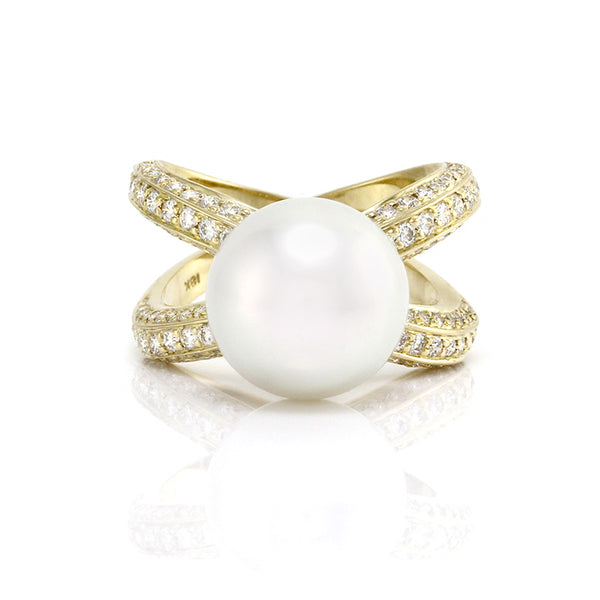 White South Sea Pearl Ring w/ Pave Diamonds in 18K Yellow Gold