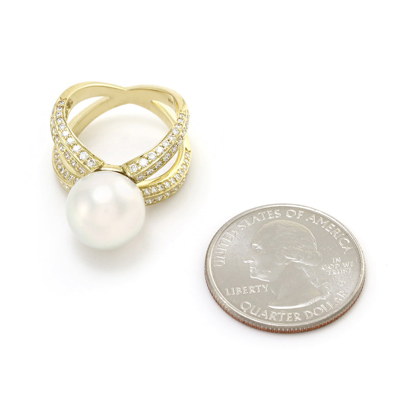 White South Sea Pearl Ring w/ Pave Diamonds in 18K Yellow Gold
