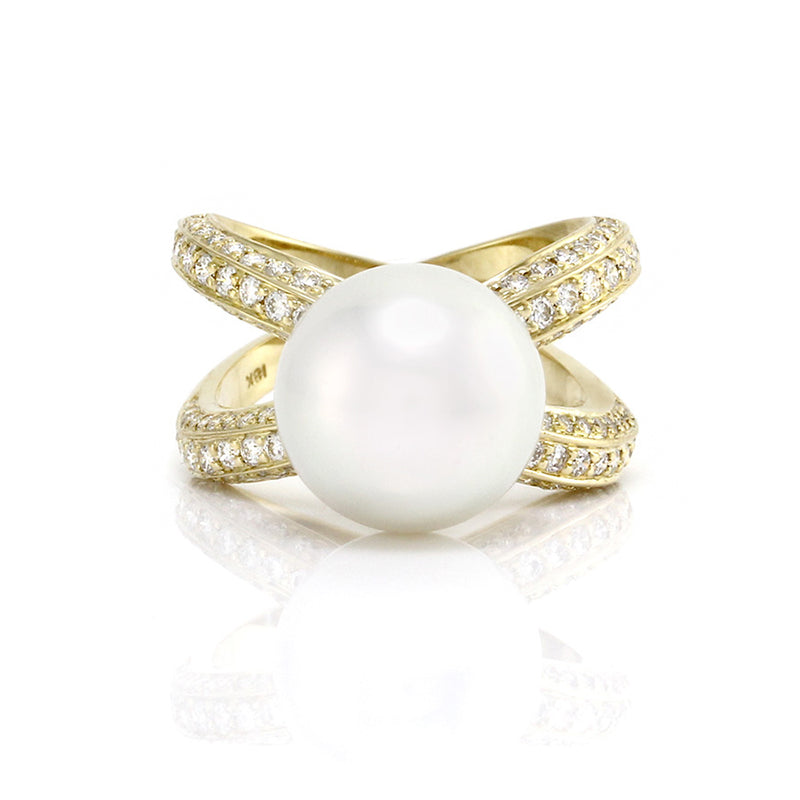White South Sea Pearl Ring w/ Pave Diamonds in 18K Yellow Gold