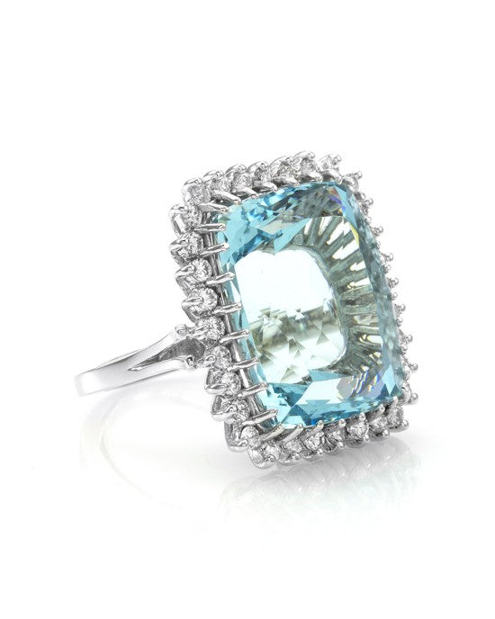 Vintage 25.60ct Aquamarine and 1.44ctw Diamond Halo Ring in 14K White Gold