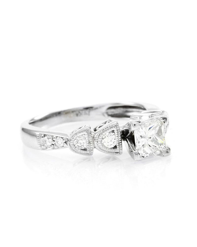 Princess and Round Diamond Milgrain Engagement Ring in White Gold