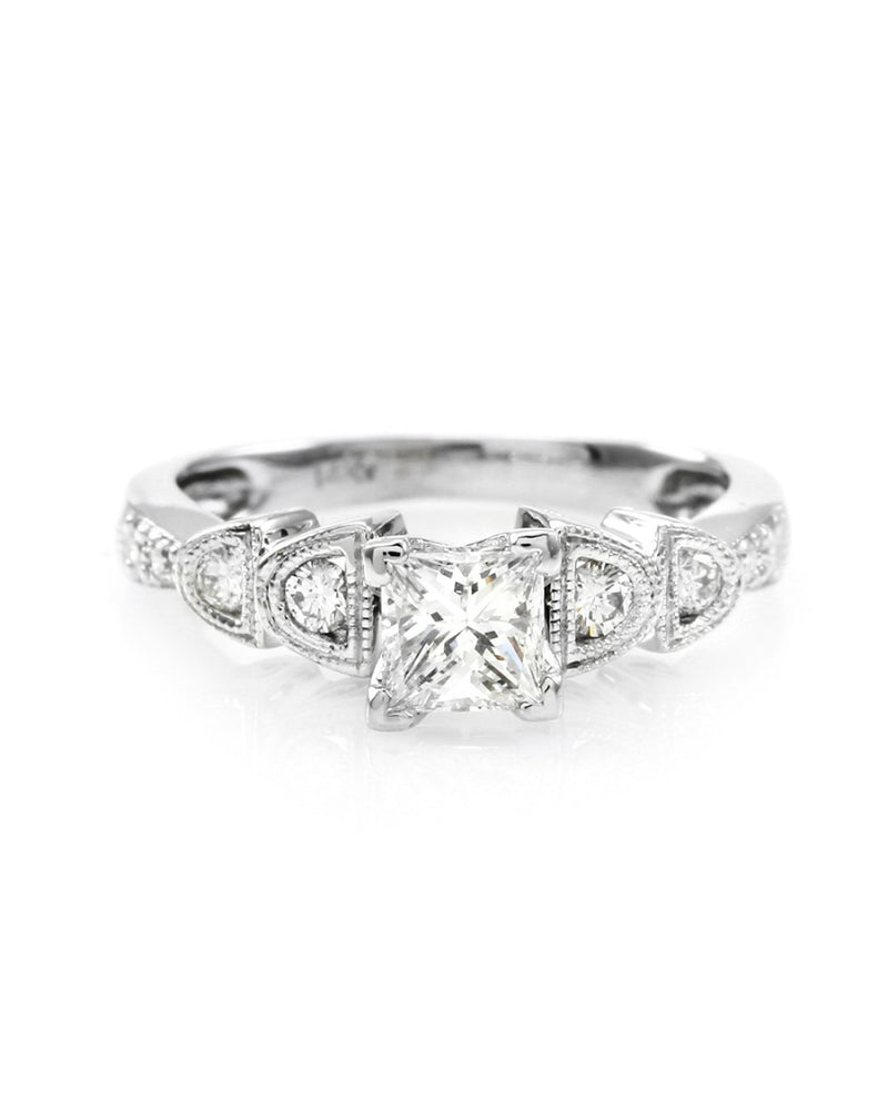 Princess and Round Diamond Milgrain Engagement Ring in White Gold