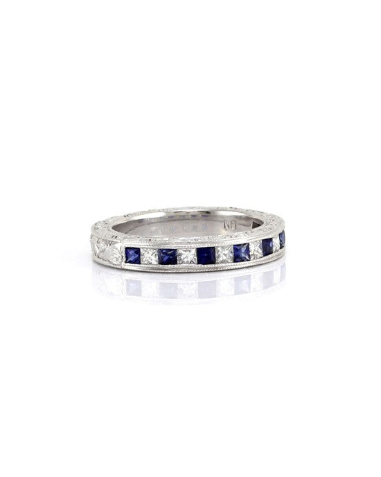Blue Sapphire and Princess Diamond Engraved Gold Band