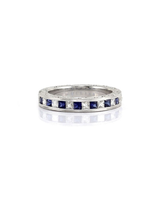Blue Sapphire and Princess Diamond Engraved Gold Band