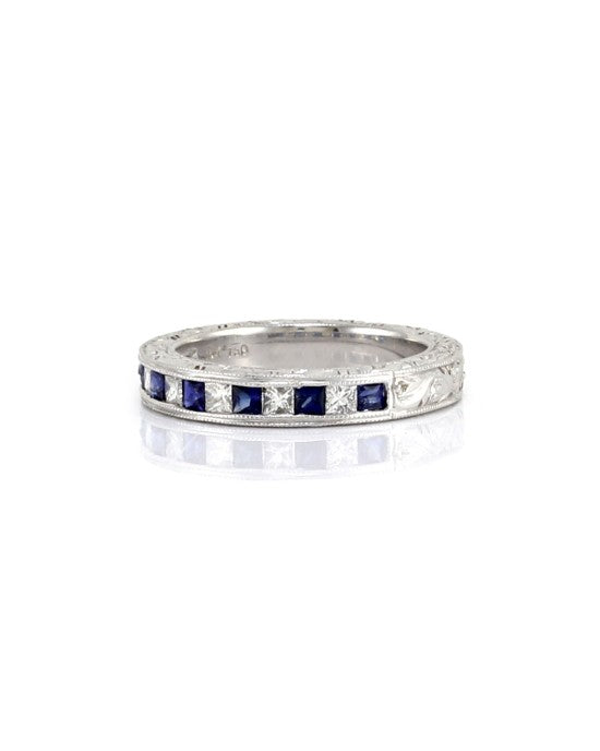 Blue Sapphire and Princess Diamond Engraved Gold Band