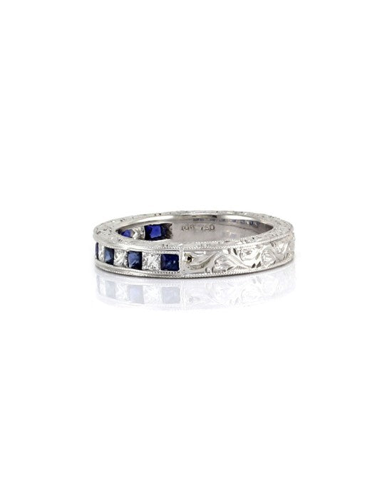 Blue Sapphire and Princess Diamond Engraved Gold Band