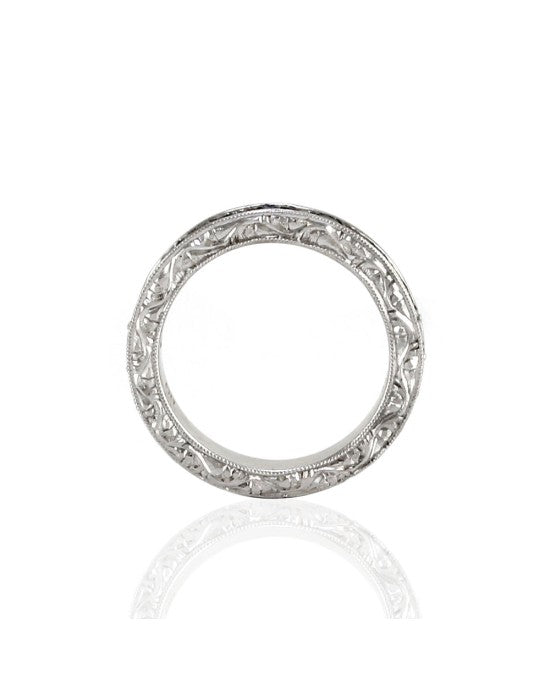 Blue Sapphire and Princess Diamond Engraved Gold Band