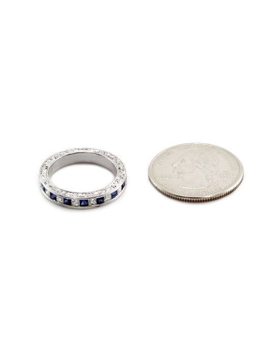 Blue Sapphire and Princess Diamond Engraved Gold Band