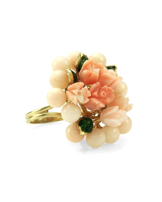 Coral Bead and Carved Flower Cluster Ring in Gold