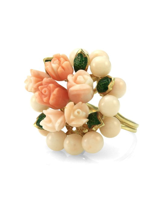 Coral Bead and Carved Flower Cluster Ring in Gold