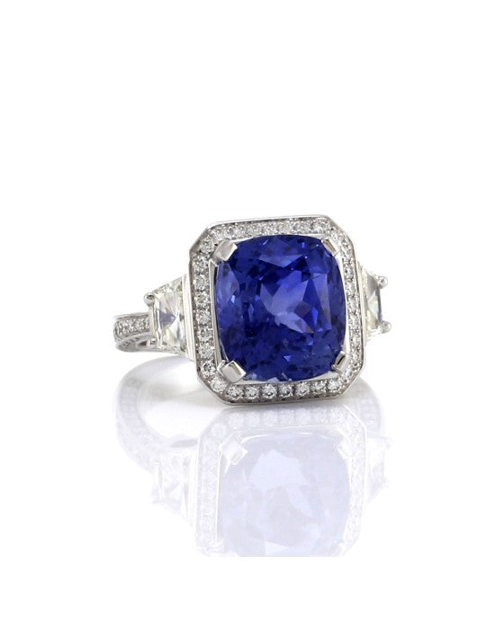 AGL Certified Ceylon Blue Sapphire and Diamond Halo Ring in 18KW