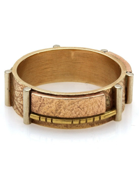 Three Tone Textured Band in Gold