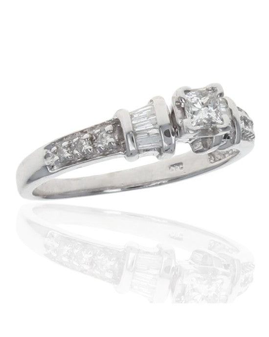 Princess Diamond Solitaire Round and Baguette Diamond Accent Engagement Ring