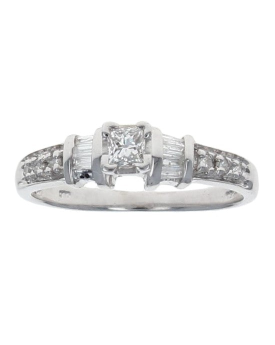 Princess Diamond Solitaire Round and Baguette Diamond Accent Engagement Ring