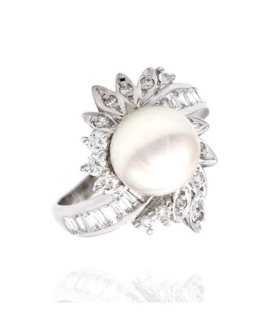 Pink Rose Pearl and Diamond Bypass Ring in Platinum