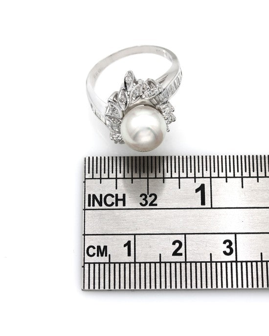 Pink Rose Pearl and Diamond Bypass Ring in Platinum