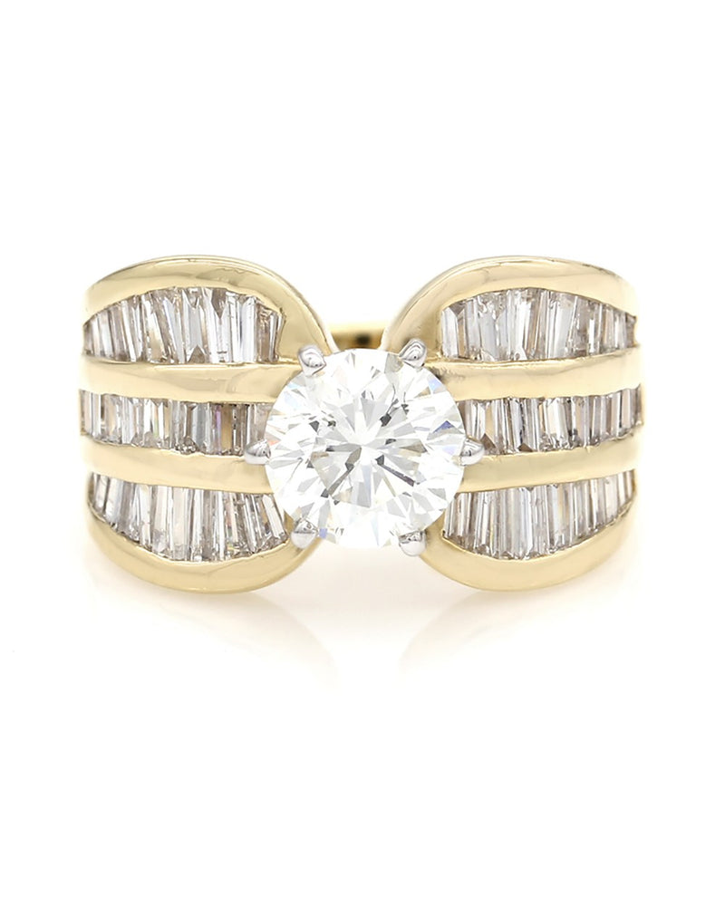 Round and Baguette Diamond Ring in Gold