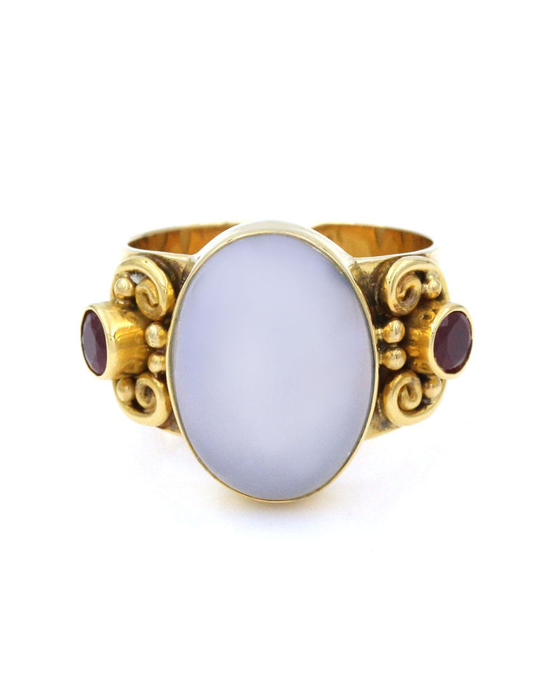 Sajen Chalcedony and Garnet Ring in Gold