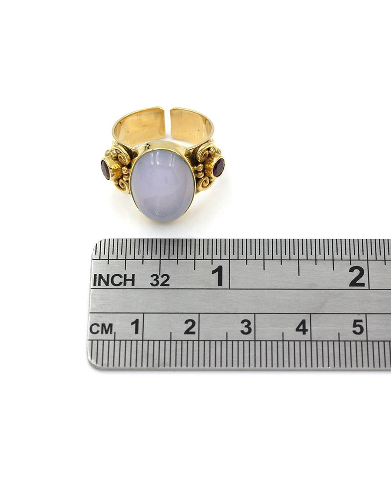 Sajen Chalcedony and Garnet Ring in Gold
