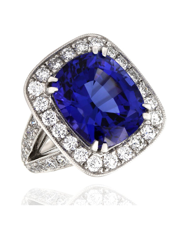 Tanzanite and Diamond Halo Ring in Gold