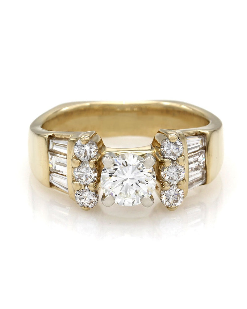 Round and Baguette Diamond Ring in Gold