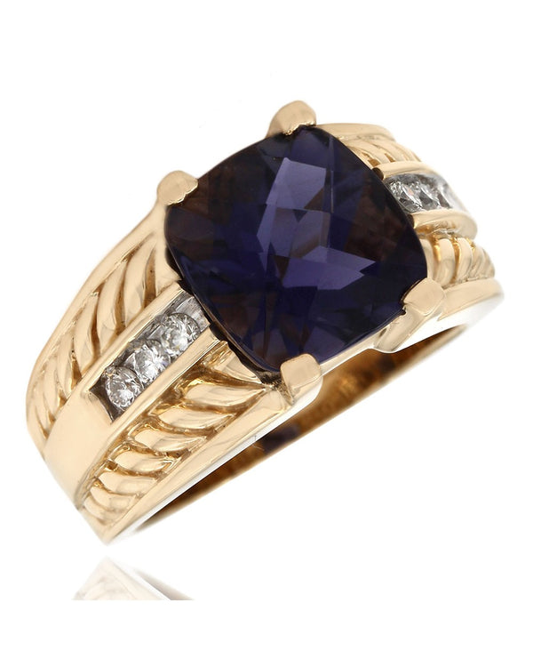 Iolite and Diamond Rope Motif Ring in Gold