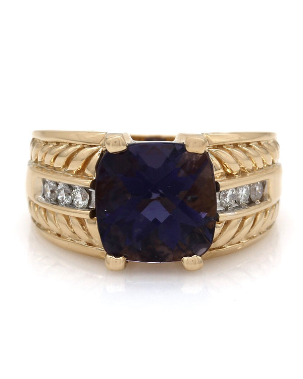 Iolite and Diamond Rope Motif Ring in Gold