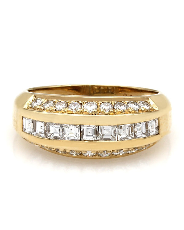 Three Row Round and Square Emerald Cut Diamond Fashion Ring in 18k Yellow Gold