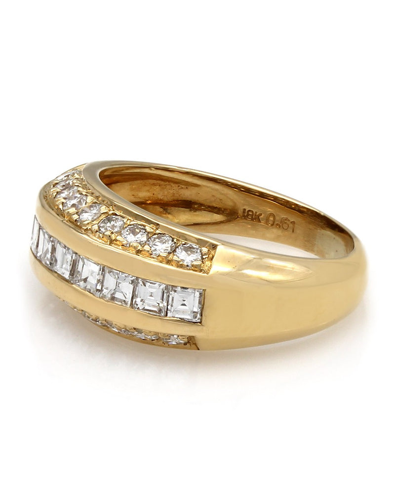 Three Row Round and Square Emerald Cut Diamond Fashion Ring in 18k Yellow Gold