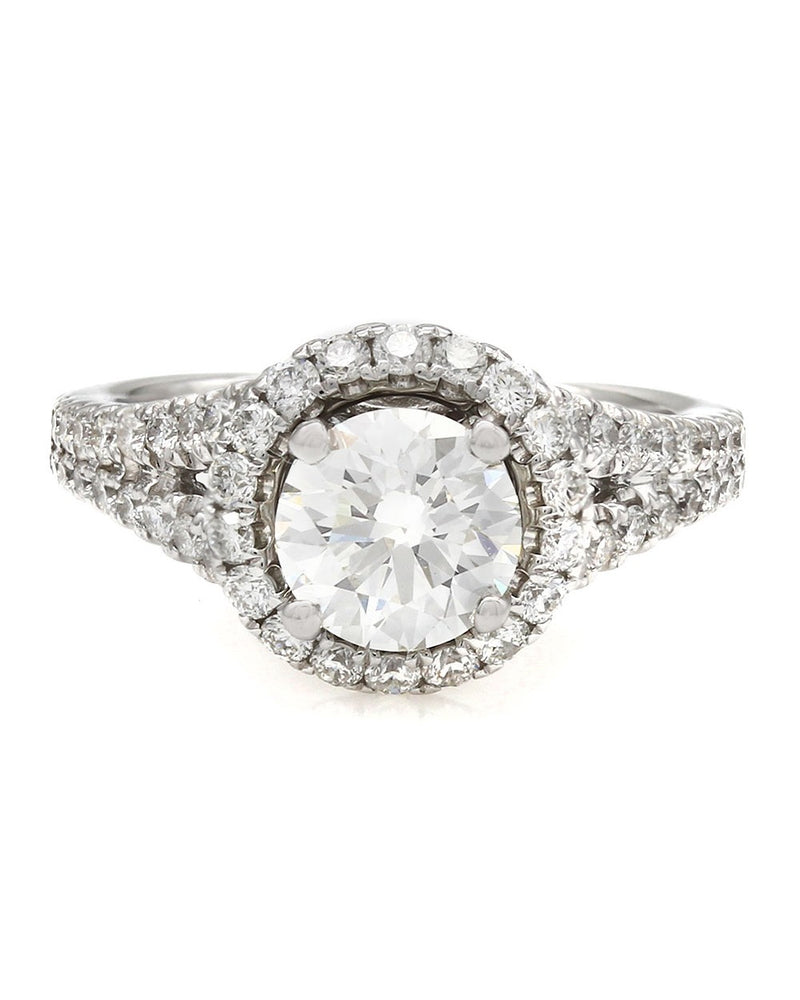 GIA Certified Round Brilliant Cut Diamond Halo Solitaire Ring in 14KW