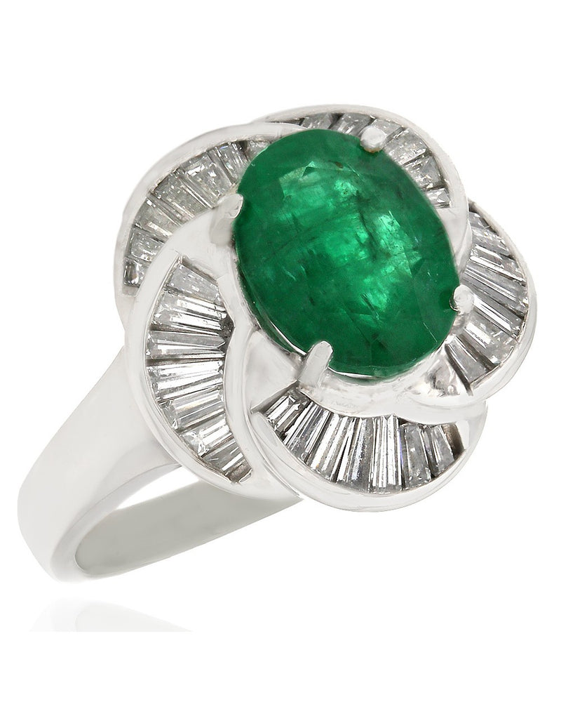 Oval Emerald Ring with Baguette Diamond Channel Swirl in Platinum