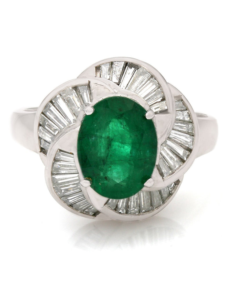 Oval Emerald Ring with Baguette Diamond Channel Swirl in Platinum