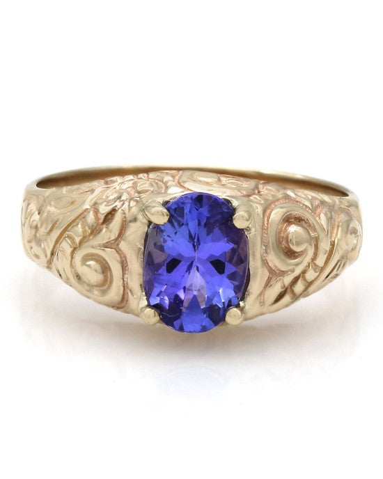 Tanzanite Solitaire Scroll Motif Ring in 14y