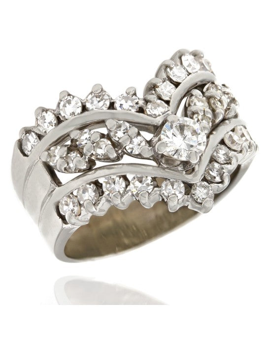Three Row Single Cut Diamond Ring with 1/4ct Round Brilliant Center in 14kw