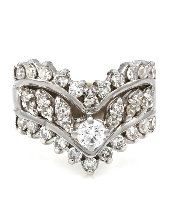 Three Row Single Cut Diamond Ring with 1/4ct Round Brilliant Center in 14kw