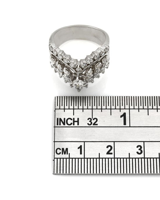 Three Row Single Cut Diamond Ring with 1/4ct Round Brilliant Center in 14kw