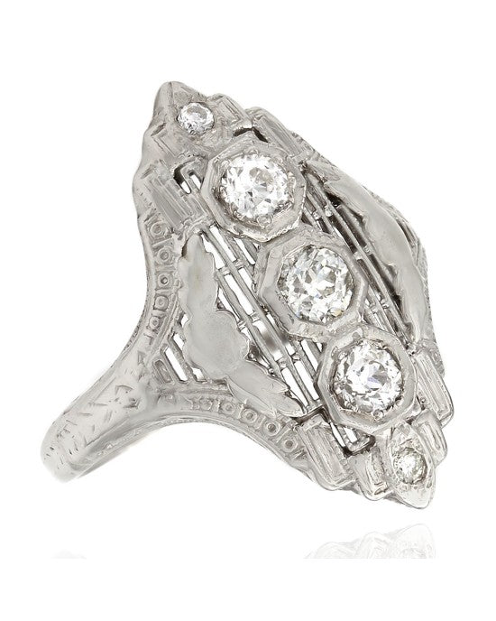 Vintage Vertical Three Stone European Cut Diamond Ring in 14kw