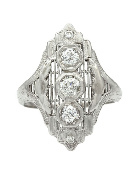 Vintage Vertical Three Stone European Cut Diamond Ring in 14kw