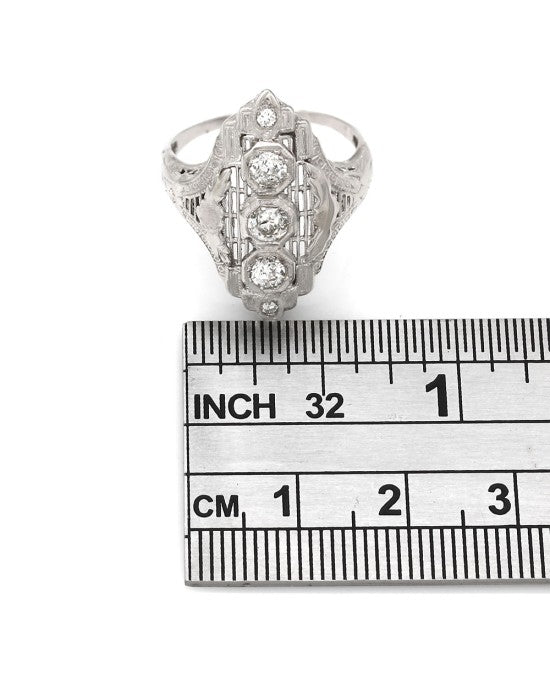 Vintage Vertical Three Stone European Cut Diamond Ring in 14kw
