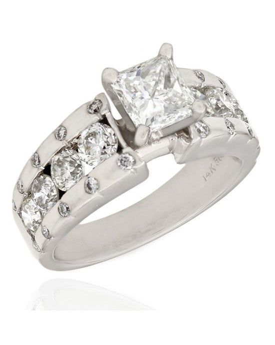 Channel and Flush Set Diamond Engagement Ring with 1ct Princess Center in 14kw