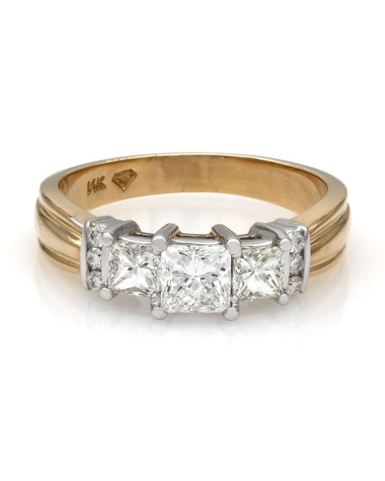 Princess Cut Three Stone with Round Diamond Accents in 14ktt