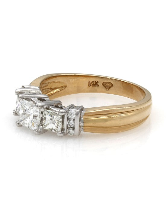 Princess Cut Three Stone with Round Diamond Accents in 14ktt