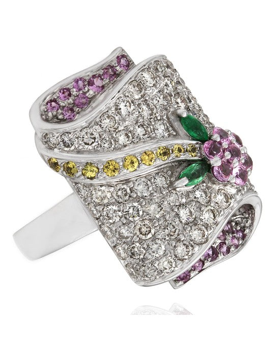 18K Diamond, Sapphire and Emerald Floral Motif Ring