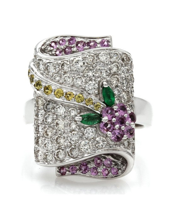 18K Diamond, Sapphire and Emerald Floral Motif Ring