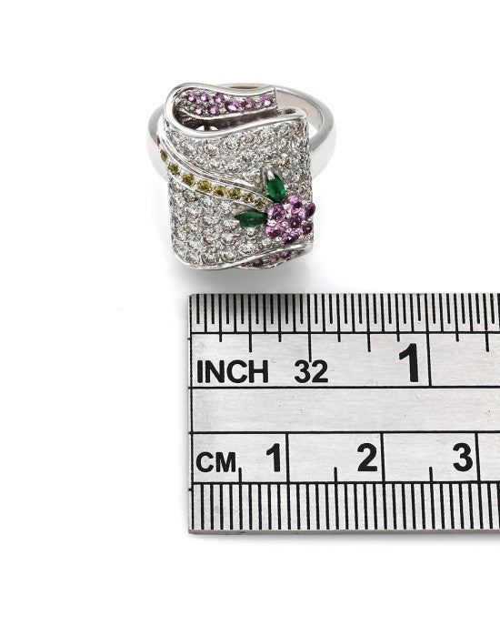 18K Diamond, Sapphire and Emerald Floral Motif Ring