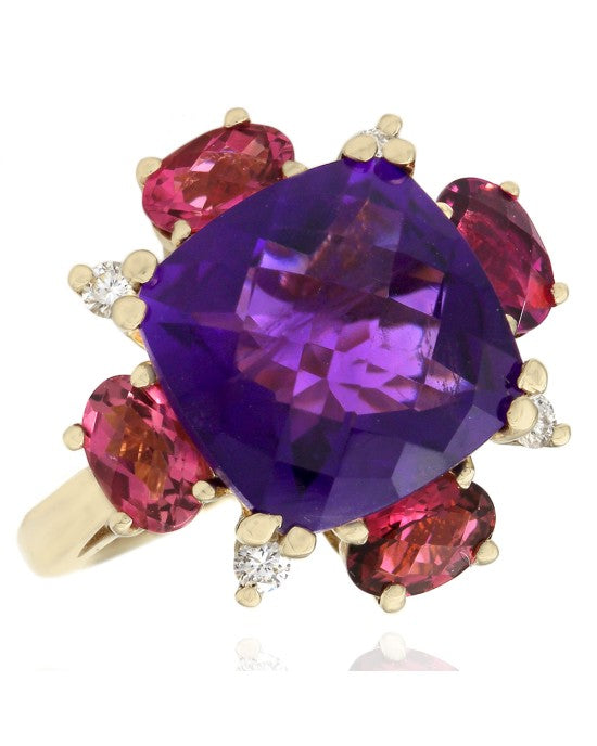 14K Amethyst, Pink Tourmaline and Diamond Fashion Ring