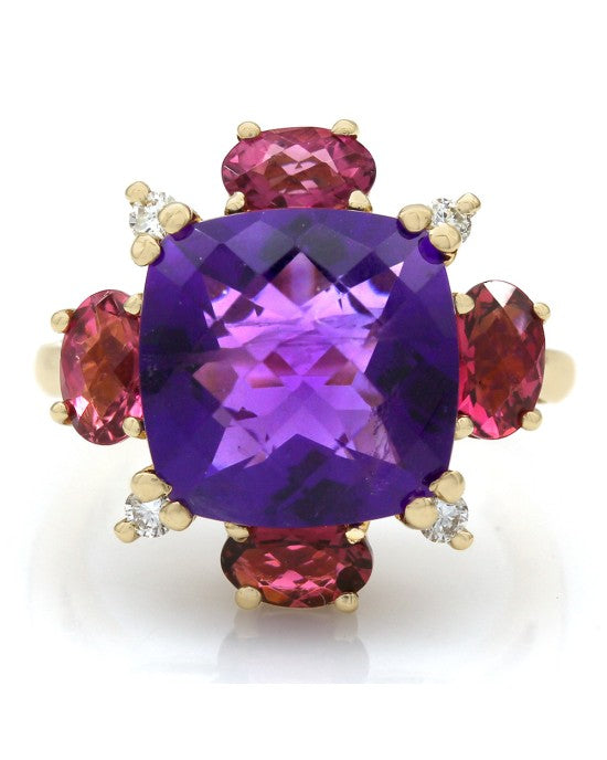 14K Amethyst, Pink Tourmaline and Diamond Fashion Ring