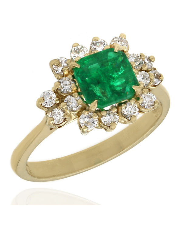 Emerald and Diamond Halo Ring in Yellow Gold