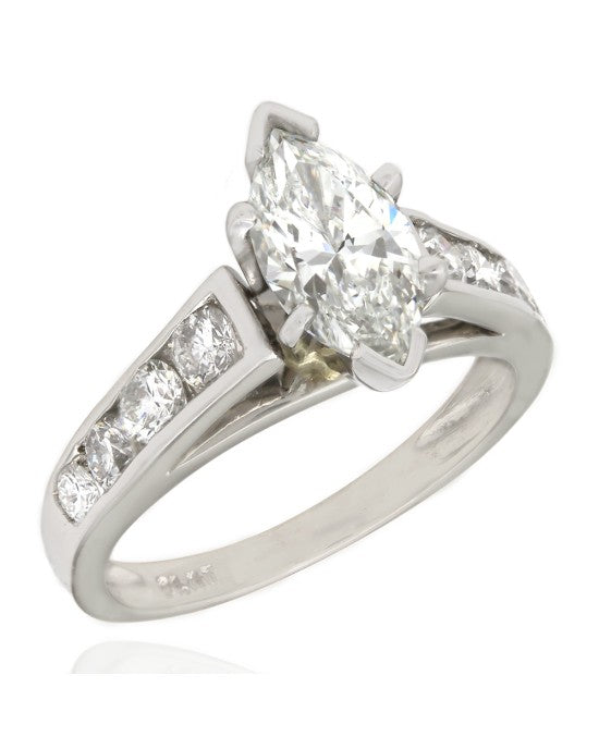 Channel Set Round Diamond Ring with 1ct Marquise Diamond Center in Platinum